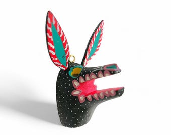 3,30" vargmaskfigurer, Alebrije-mask, svart mask, liten vargmask, trä-Alebrije, trämask, handgjord mask, träsnideri, folkkonst