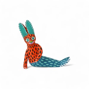 Made in Oaxaca Mermaid Bunnie Rabbit Wood Carving Cool Alebrije Figurine Mexican Folk Art
