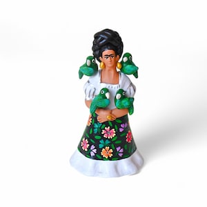 8.25&quot;Frida Kahlo Figure,Clay Figure,Mexican Characters,Clay Doll,Mexican Painter,Frida Kahlo with Parrots,United Eyebrows,Feminist Symbol