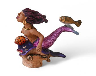 4.75" Mermaid Figures,Mermaid with Fish,Medium Mermaid,Mythological Clay Being,Clay Mermaid,Mermaid Swimming,Handmade Mermaid,Clay Doll