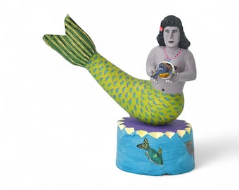 6.25" Mermaid Figures,Being Mythological,Mermaid with Baby Turtle,Sea Dweller,Mythical Beauty,Wood Mermaid,Handmade Mermaid,Gabino Reyes