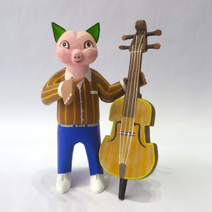 6.57&quot; Pig with Cello Figures,Alebrije Pig,Medium Pig,Medium Figures,Wooden Alebrije,Wood Pig,Handmade Tiger,Wood Carving,Folk Art