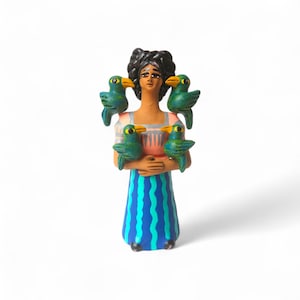 8.25&quot;Frida Kahlo Figure,Clay Figure,Mexican Characters,Clay Doll,Mexican Painter,Frida Kahlo with Parrots,United Eyebrows,Feminist Symbol