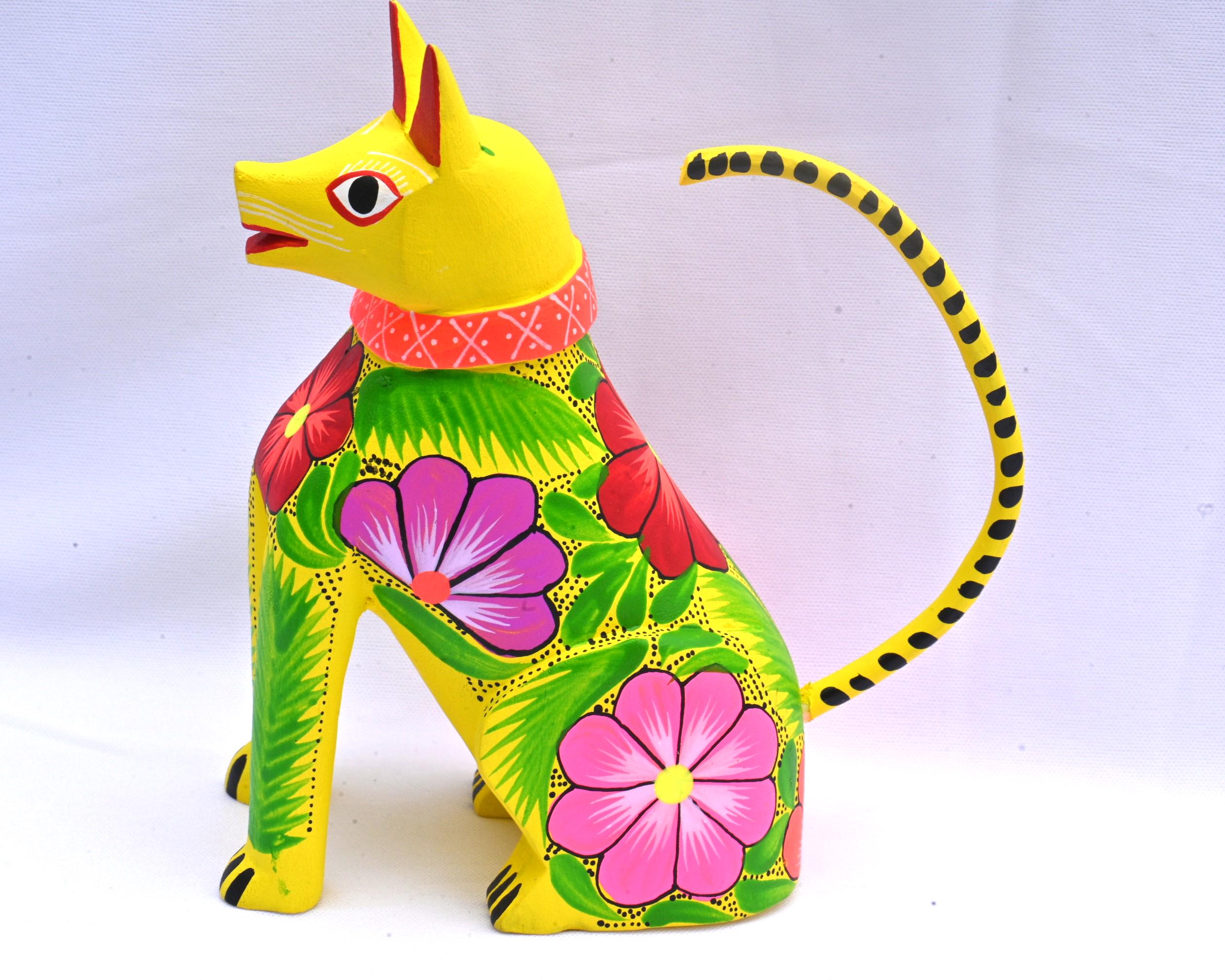 5インチ オアハカ製 木彫り 黄色い猫の置物 メキシコ民芸品 - Etsy 日本