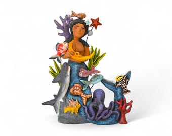 12.00" Clay Mermaid,Mermaid Figures,Resting Mermaid,Mermaid with Sea Animals,Handmade Mermaid,Mythological Beings,Fernando Aguilar
