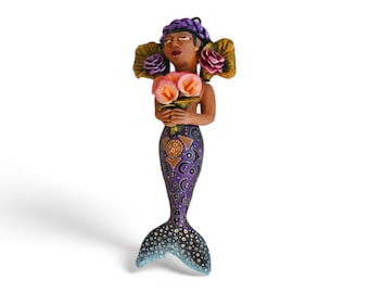 7.50" Mermaid Figures,Mermaid with Flowers,Small Mermaid,Wall Mermaid,Mythological Clay Being,Clay Mermaid,Handmade Mermaid,Clay Doll