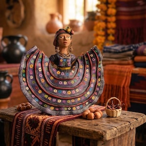 May include: A clay figurine of a person wearing a dark purple dress with a wide, flared skirt decorated with colorful floral patterns. The figure has a headpiece, dangling earrings, and a necklace, with arms extended to hold the skirt edges.