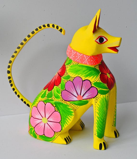 5インチ オアハカ製 木彫り 黄色い猫の置物 メキシコ民芸品 - Etsy 日本