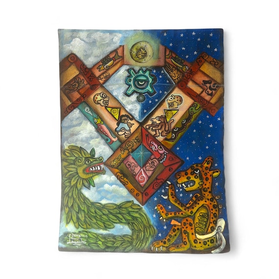 風景画 油彩画 メキシコで購入。 昼と夜の絵画、二つの世界、羽毛のある蛇、ジャガー、月のウサギ
