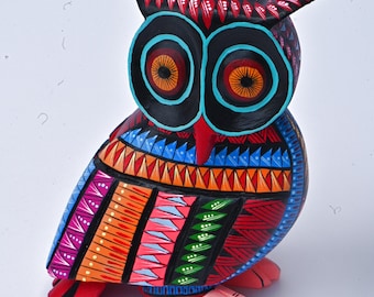 5.00" Hand Painted Oaxacan Owl Alebrije, Intricate Grecas & Geometric Patterns