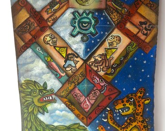 昼と夜の絵画、二つの世界、羽毛のある蛇、ジャガー、月のウサギ