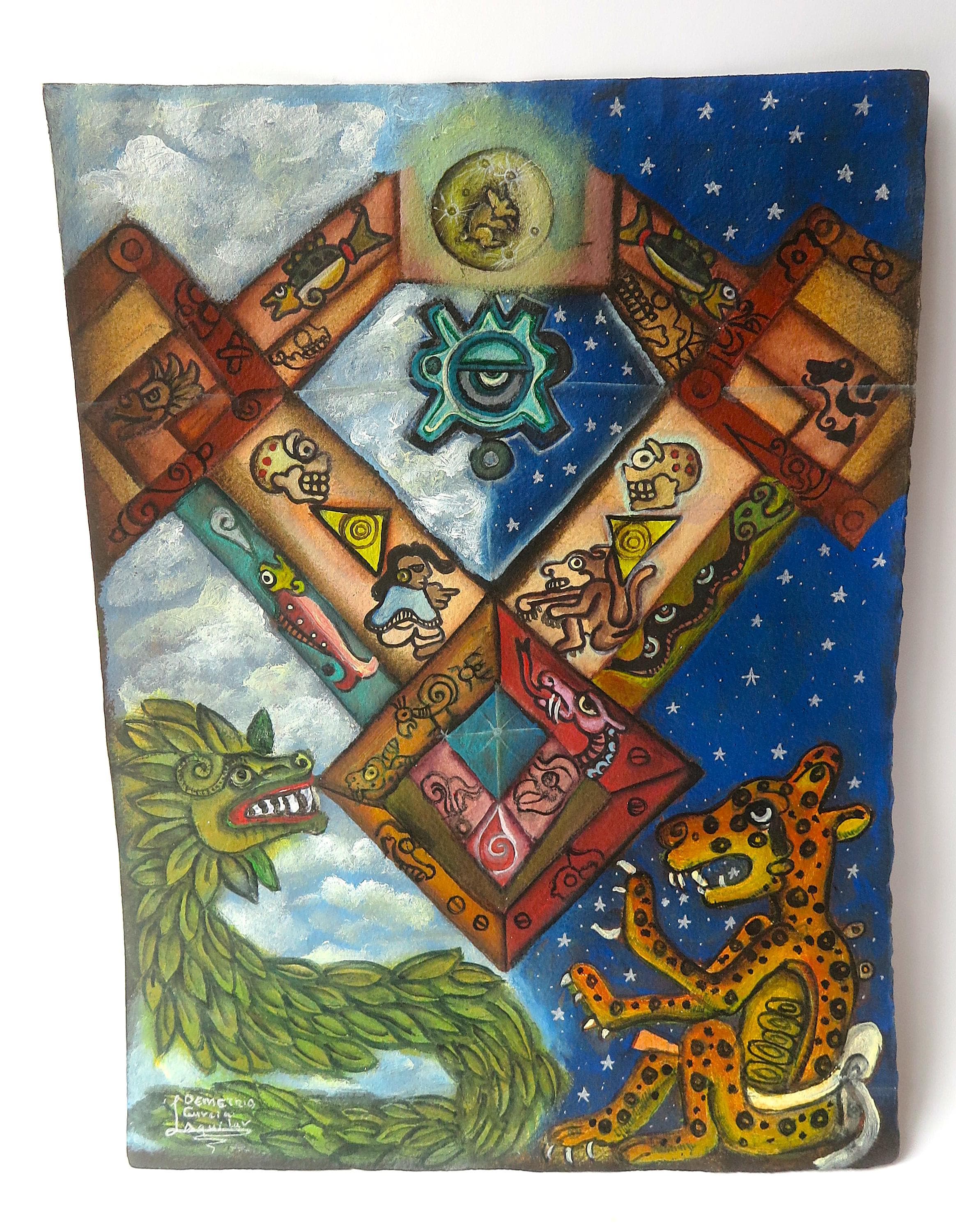 昼と夜の絵画、二つの世界、羽毛のある蛇、ジャガー、月のウサギ