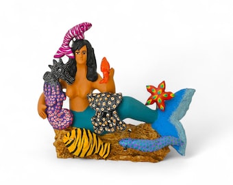 8.75" Clay Mermaid,Mermaid Figures,Resting Mermaid,Mermaid with Sea Animals,Handmade Mermaid,Mythological Beings,Concepcion Aguilar