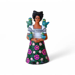 7.75&quot;Frida Kahlo Figure,Clay Figure,Mexican Characters,Clay Doll,Mexican Painter,Frida Kahlo with Parrots,United Eyebrows,Feminist Symbol