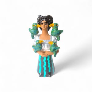 8.25&quot;Frida Kahlo Figure,Clay Figure,Mexican Characters,Clay Doll,Mexican Painter,Frida Kahlo with Parrots,United Eyebrows,Feminist Symbol