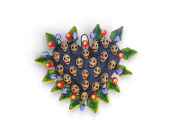 Wall Hanging, Oaxacan Heart with Skull, Oaxacan Work of Art, Handmade Work by Concepcion Aguilar, Day of the Dead, Decorative Value