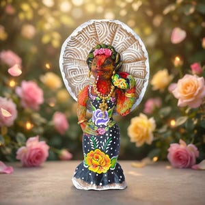 May include: A decorative figurine of a lizard-like creature wearing a black dress with white polka dots and a large yellow flower at the hem. The figure holds a parasol behind its head and features a floral crown, a gold necklace, and bracelets.