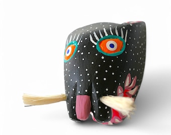 2,40" Jaguarmaskfigurer, Alebrije-mask, Svart mask, Liten jaguarmask, Trä-Alebrije, Trämask, Handgjord mask, Träsnideri, Folkkonst