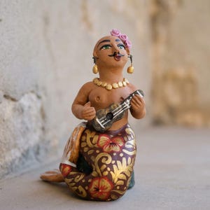 4.60"x3" Oaxacan Muxe Mermaid Clay Doll by Fran Garcia Vazquez, Handmade Mexican Folk Art