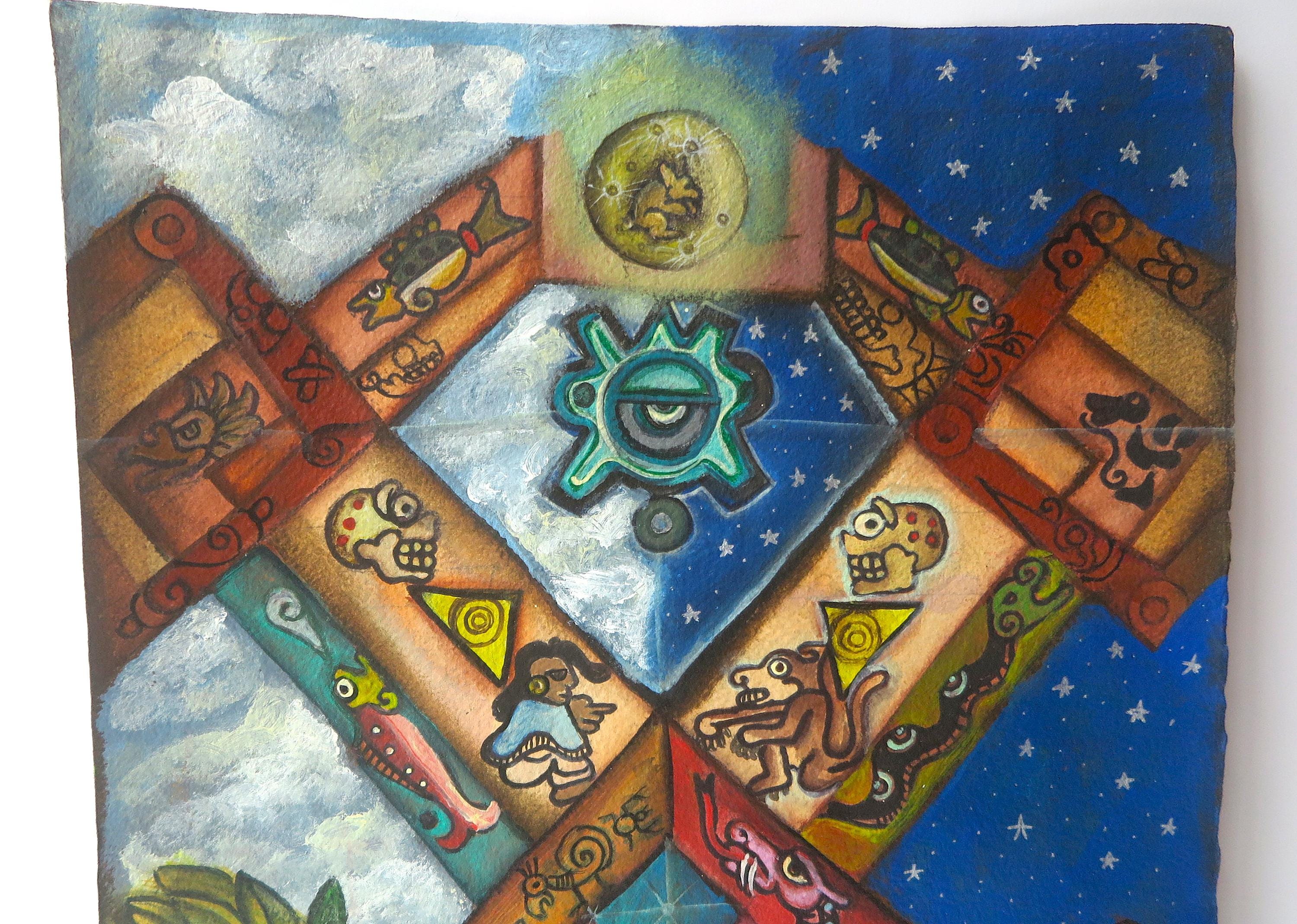 昼と夜の絵画、二つの世界、羽毛のある蛇、ジャガー、月のウサギ