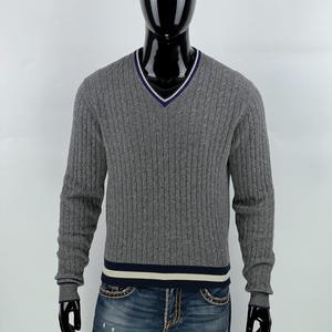 Boggi Milano Men&#39;s Gray Wool Cashmere Cable Knit V-Neck Sweater Size L