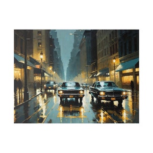 Cars driving though a rainy city street