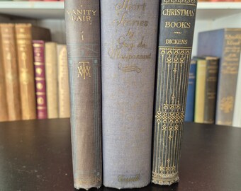 Lot de livres vintage bleu/gris. Vanity Fair de Thackeray, 88 Short Stories de Guy de Maupasssnt et Christmas Stories de Charles Dickens.