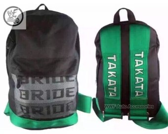 JDM BRIDE Backpack Takata Adjustable Racing Shoulder Harness Laptop Bag Green Expedite Shipping
