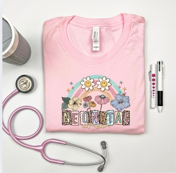 Neonatal Crew Shirt: NICU Nurse Rainbow Flowers