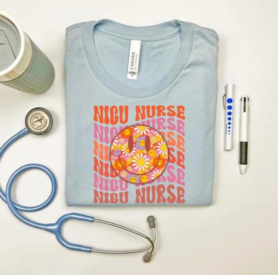 Smiley NICU Nurse Shirt: Retro Floral Design