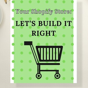 Könnte beinhalten: Grüner Hintergrund mit weißen Punkten und dem Text "Your Shopify Store: LET'S BUILD IT RIGHT". Ein schwarzes Einkaufswagen-Symbol befindet sich in der Mitte des Bildes.