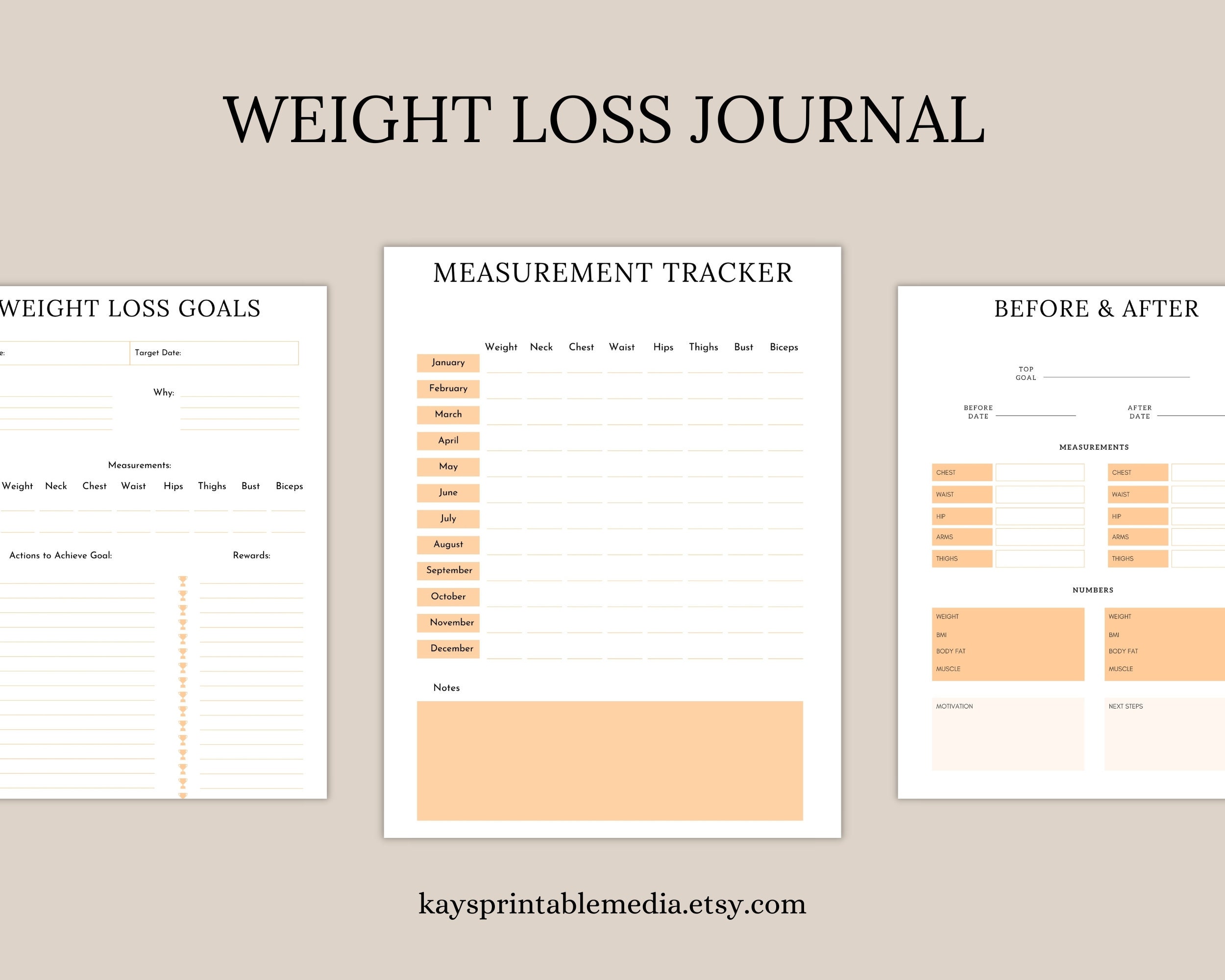 Weight Loss Journey Printable Tracker for Body Measurement Journal for ...