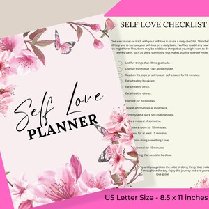 Op de afbeelding: Een roze en groene checklist met de titel "Self Love Checklist" en een lijst met zelfzorgactiviteiten. De checklist is omringd door roze kersenbloesems en vlinders. De tekst "Self Love Planner" is in zwart geschreven op een roze achtergrond met roze kersenbloesems en vlinders.