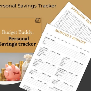 May include: A printable budget tracker and savings tracker featuring a pink piggy bank and gold coins. The printable includes sections for monthly income, personal expenses, home expenses, transportation, food, and utilities. The printable also includes a section for tracking spending by week.