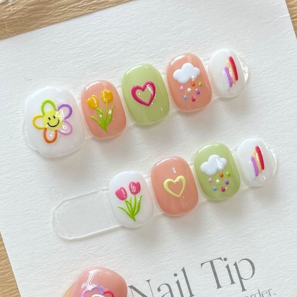 Spring & Summer Cute Gel Nails | Press on Nails | Handmade Nails | Large Medium Short Round Shape | Nails Art | Fake Nails | Oval Nails