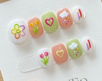 Spring & Summer Cute Gel Nails | Press on Nails | Handmade Nails | Large Medium Short Round Shape | Nails Art | Fake Nails | Oval Nails