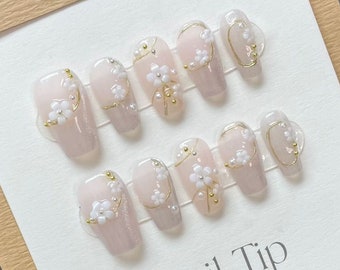 Cherry Blossom Cat Eye Gel Nails | Press on Nails | Handmade Nails | New Nail Trend |Jelly Nail Polish |Long Medium Short Nails Art