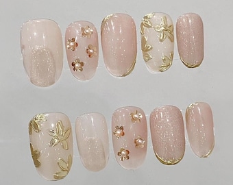 Ongles en gel oeil de chat de luxe en or rose et fleurs | Presse sur les ongles | Ongles naturels 100 % faits main | Nouvelle tendance des ongles | Vernis à ongles en gelée | Art d'ongles courts