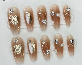 Cream Heart style Gel Nails | Press on Nails | Handmade Nails | Nails Art | New Nail Trend | Short Square Nails | Nails For Party/Holiday