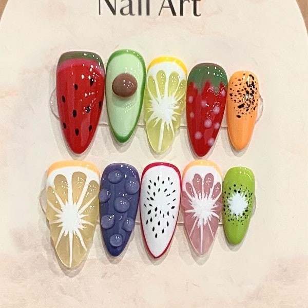 Strawberry Sweetheart Dragon Fruit Lemon Cute Gel Nails | Press on Nails | Handmade Nails | Long Medium Short Almond Nails | Holiday Nail