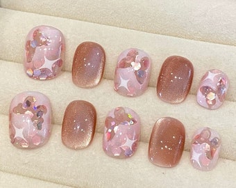 French Pink Butterfly Nail Gel Nails | Press on Nails | Handmade Natural Nails| New Nail Trend | Long Medium Short Nails| Nails Art