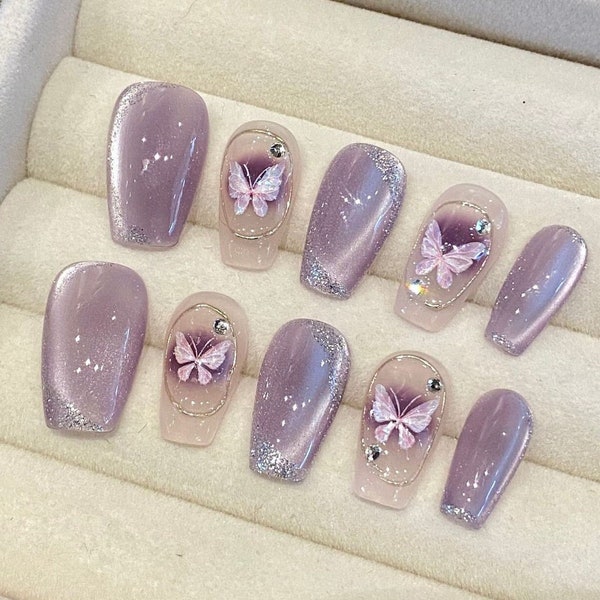 Ongles de luxe en gel violet oeil de chat papillon | Presse sur les ongles | Ongles faits main | Nouvel ongle | Ongles mi-courts|Décorations d'ongles | Faux ongles en acrylique