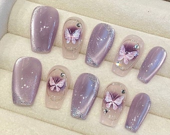 Ongles de luxe en gel violet oeil de chat papillon | Presse sur les ongles | Ongles faits main | Nouvel ongle | Ongles mi-courts|Décorations d'ongles | Faux ongles en acrylique