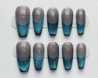 Blue Cat's eye Gel Nails | Press on Nails | Handmade Nails | New Nail Trend | Jelly Nail Polish | Nails Art | Fake Nails | Nails For Summer