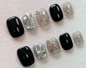 Luxury Black Quadrangle Gel Nails | Press on Nails |Handmade Nails |Nails Art |New Nail Trend |Short Square Nails | For Party/Holiday