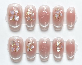 Pearl Blush Pink Cat Eye Gel Nails | Press on Nails | Handmade Nails| New Nail Trend | Jelly Nail Polish | Long Medium Short Nails