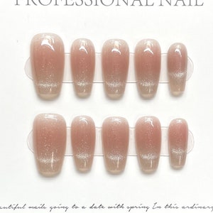 Peach Cat's Eye Gel Nails | Press on Nails | Handmade Natural Nails| New Nail Trend | Jelly Nail Polish | Long Medium Short Nails