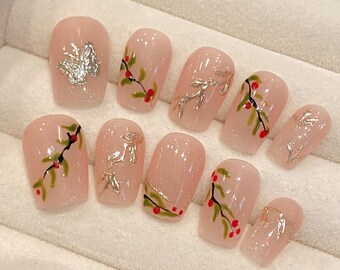 Pink Flower Gel Nails | Press on Nails | Handmade Nails | New Nail Trend | Long Medium Short | Nails Nails Art | Hand Painted HolidNails