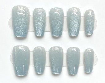 Ongles en gel oeil de chat bleus frais d'été | Presse sur les ongles | Ongles faits main| Nouvelle tendance des ongles | Vernis à ongles en gelée | Ongles longs moyens courts