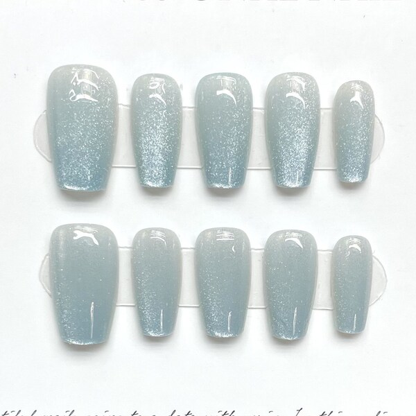 Cool Summer Blue Cat's Eye Gel Nails | Press on Nails | Handmade Nails| New Nail Trend | Jelly Nail Polish | Long Medium Short Nails